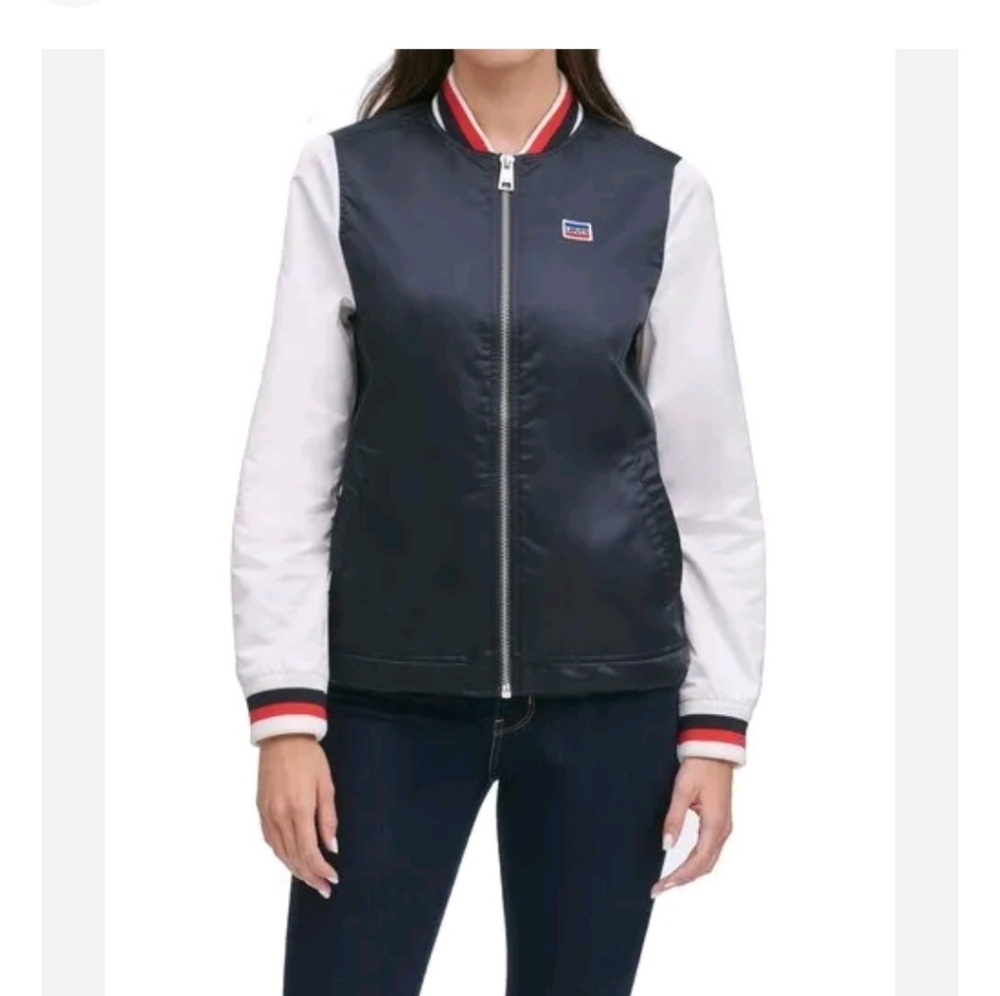 $100 LEVI'S Women's Jacket Bomber Jacket Stripe White Red Blue Coat Size M